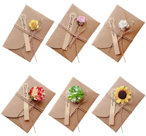 YHIJSR 6 Pezzi Biglietto di Auguri Cartolina Buste retrò Carta Kraft Fiori Secchi Decorato Cartolina 3D Biglietti d'Auguri con Buste in Carta Kraft retrò Decorati con Fiori Secchi