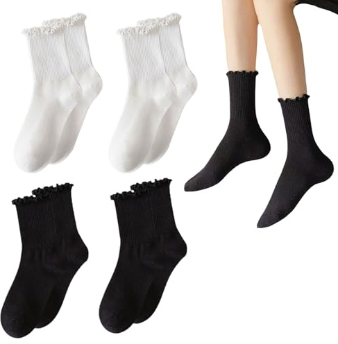 UILYNIU 4 Paires Chaussettes de Cheville Femme 4-7 Chaussettes Dentelle Noires Chaussettes Blanches Chaussettes Fines Respirantes Chaussettes Tricotées Chaussettes Ballet pour Femme Fille (4 Paires)