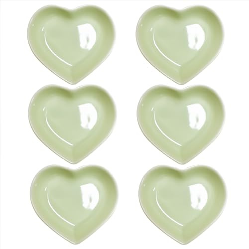 Pirhosigma 6 ciotole in ceramica verde chiaro a forma di cuore per salsa di soia, snack e salse, 46,8 g, per cena, cottura, barbecue e cucina