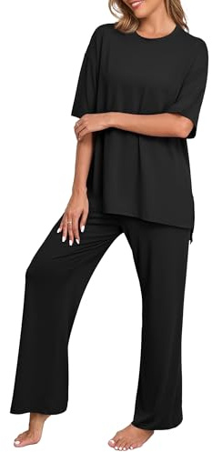 PrinStory Pajamas for Women Soft Pjs Lounge Set Black-L