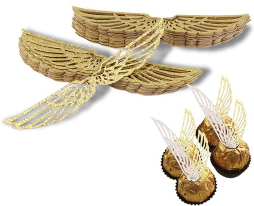 OIGWBPH 50 Stück Golden Schokolade Flügel Party Wings Dekor Zauberer Kuchen Deko Cupcake Topper Schokolade Dekoration mit Klebepunkt für Geburtstag Party