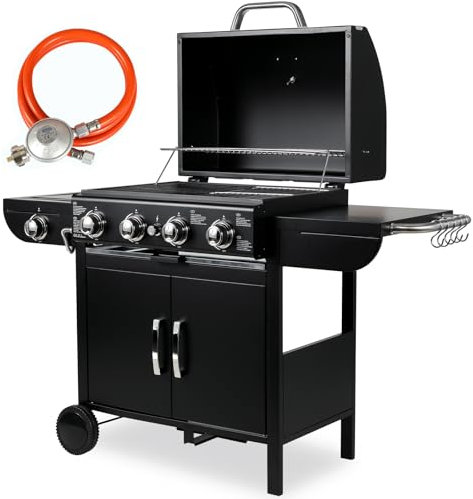 TLSUNNY 4+1 Brenner Gasgrill Master mit 2 pcs Rad, 14.05KW Gasgriller mit Seitenkochfeld, BBQ Gas Grillwagen für Grillpartys im Gärten Terrasse, mit Thermometer, Grillküche mit Große Grillfläche