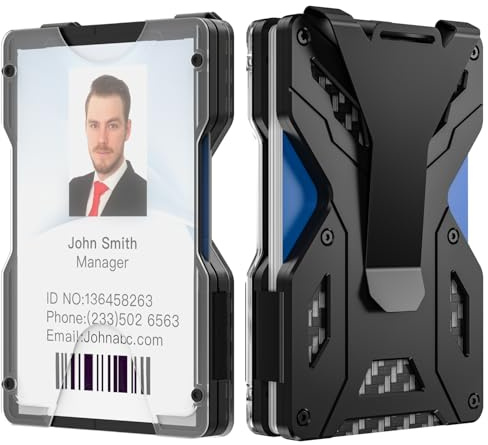ANBEISTEE Minimalist plånbok för män – smal aluminium metallmoneyklämma med klart ID-korthållare, RFID-blockering, hållare 15 kort plus kontanter, ultratunn taktisk kolfiber-svart, svart, S, Modern