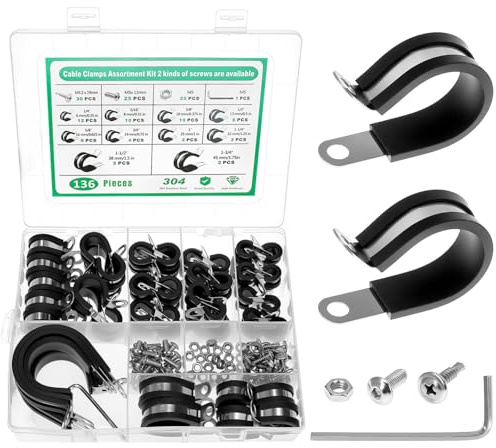 QWORK® 136Stk Kabelklemmen Kit, 304 Edelstahl Rohrschellen mit Gummieinlage, 10 Größen, 6/8/10/13/16/19/25/32/38/45mm