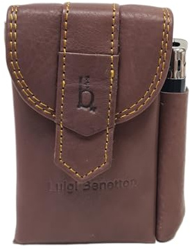 Luigi Benetton Étui à cigarettes en cuir véritable, double bouton, porte briquet latéral, dimensions 10 x 6,5 x 3 cm, avec coffret cadeau Art. 3176 (marron)