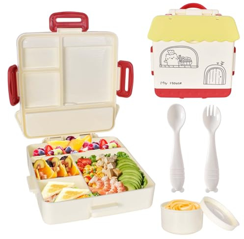 Porta Pranzo, Bento per Bambini, con 4 Scomparti e Cucchiaio Forchetta 2500ml, Lunch Box Perdite Senza BPA, Bento Box Adatto a Microonde e Lavastoviglie, Portavivande per Lavoro Scolastico, Giallo