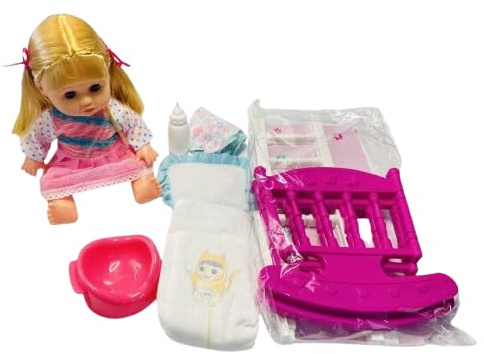 Neel Saanjh Drink and Wet Baby Doll Set with Cradle, 14-Inch Realistic Baby Doll with Sounds and Accessories, Includes Rocking Cradle, Feeding Accessories, and Potty, Perfect for Toddlers (Blue)