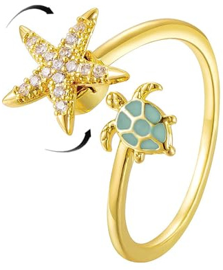 Dainty CZ Starfish Sea Turtle Open Adjustable Fidget Rings for Women Cute Crystal Sea Star Anxiety Spinner Statement Finger Band Rotating Animal Ring Comfort Fit Fashion Jewelry