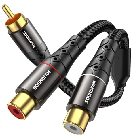 SOUNDFAM RCA-Y-Splitter Cinch Splitterkabel 1 kontakt till 2 uttag, guldpläterad phono-splitter stereo Y-adapter för subwoofer, TV, CD-spelare, hemmabio – svart (30 cm)