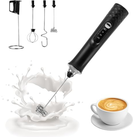 3 en 1 Espumador de Leche, Espuma USB Recargable Batidora de Leche, Portátil Espumador con 3 Desmontable Varillas, 3 Velocidades Ajustables, Batidor Electrico Pequeño para Huevos, Lattes y Capuchino
