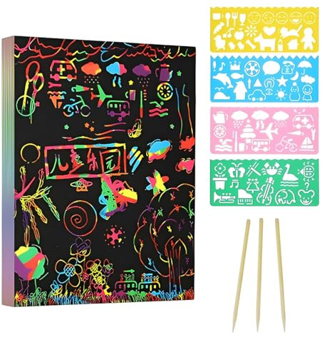 YAZWUR 50 Fogli Carta Arcobaleno da Grattare, 5 Bastoncini in Legno, 4 Stencil per Disegni, Set Magico Scratch per Disegnare e Creare (Arcobaleno)