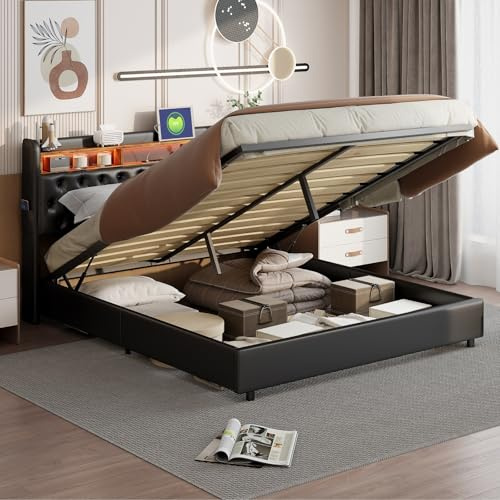 Säng 160 x 200 cm med förvaringsutrymme, klädsel, dubbelsäng med laddningsstation, ungdomssäng, förvaringssäng med förvaringsutrymme, sänggavel, boxfjädersäng, hydraulisk vuxensäng med ribbotten