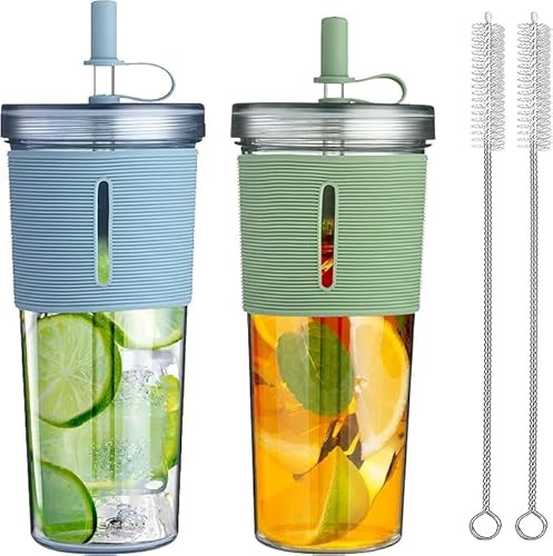 700 ml dryckesmugg med lock och sugrör, 2 stycken plastmuggar med lock och sugrör, drickflaska med sugrör, smoothie-kopp, iskaffemugg (grön, blå)