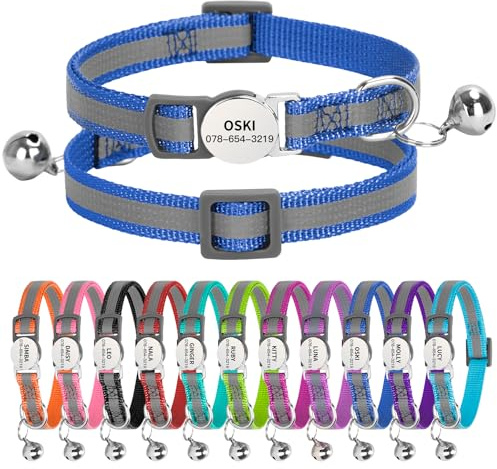 Personalised Reflective Cat Collar with Name Tag,Quick Release Kitten Collars with Bell Safety Buckle, Adjustable Nylon Cat Collar for Cats Kittens UK Prime (19–30 cm, Dark Blue Strip)