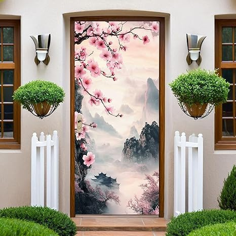 Adesivi per Porte 3D Ciliegi in Fiore Adesivi per Porte Interne Autoadesivo Stile Giapponese Adesivo Porta Fotomurali Poster Murale per Soggiorno Camera da letto Decorazione 77 x 200 cm H163