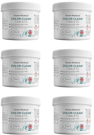 CHLOR-CLEAN Chlorine Detergent Sanitiser Tablets, 3.25g Tablets, 1.7g NaDCC per Tablet, 6 Tubs of 100 Tablets (6x100 Tablets)