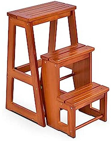 GOPLUS Escalera de Madera de Pino, 3 peldaños, Plegable, Color marrón
