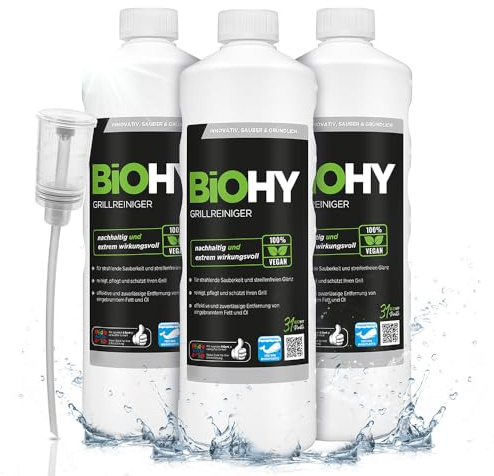 BiOHY Grillreiniger (3 x 1 Liter) + Dosierer | Reiniger für Holzkohle-, Gas- und Elektrogrill | Hocheffektiv gegen angebranntes Fett und Öl | Pflegt und schont das Material | Veganes Bio Konzentrat