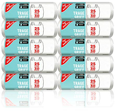 Gut & Günstig Tragegriff Müllbeutel 25L (30 Stück) - 10er Pack (10x 30 Stück) reißfest und flüssigkeitsdicht