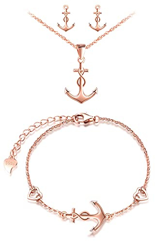 IONLY dam flickor halsband armband och örhängen, 925 silversmyckesset, ankare halsband armband örhängen, hänge armband örhängen med ankare och oändlighetssymbol, roséguld, Sterlingsilver