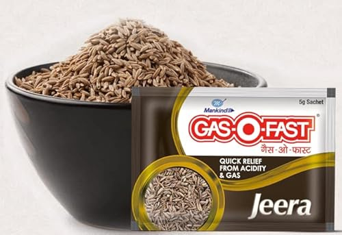 Gas-O-Fast Antacid Cumin (Jeera) Flavour - 5gm x 10 sachets - Effervescent Salts, Effective and Quick relief from acidity, heartburn, trapped wind, bloating, indigestion, flatulence