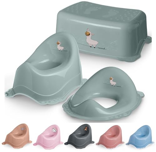 DOCARI Kinder Töpfchen Set 3 in 1 ab 1 Jahr grün Lama – Töpfchenset Jungen Mädchen stabil rutschfest und hygienisch - Ideal fürs Töpfchentraining: Lerntöpfchen Toilettenaufsatz Hocker
