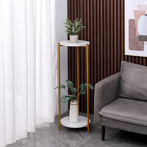 2 Tier Plant Stand, Tall Plant Pot Stand, Modern Flower Display Stand with Gold Metal Frame, Indoor Decorative Flower Holder Floor Shelf for Home Office Balcony, Living Room Corner Planter (White)