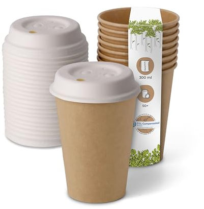 BIOZOYG Taza Bio degradable desechables con tapa de cartón I tazas desechables tazas de papel I 50 piezas de taza para llevar café I Taza de papel marrón sin blanquear 300 ml 12 oz