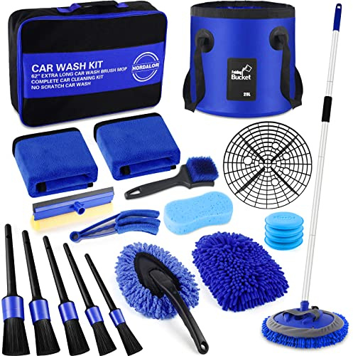 21Pcs Car Wash Kit,62 Car Wash Brush Mop with Long Handle,Car Cleaning Kit,Car Detailing Brush Set,Car Wash Bucket with Filter,Windshield Window Squeegee for Cars RV Truck Boat (Blue)