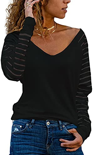Homlan Camiseta de rayas para mujer, manga larga, cuello en V, parte superior de malla, blusa suelta, elegante, informal, túnica, Negro , XXL