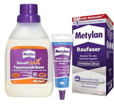 Metylan Raufaser, Tapetenkleister für Raufasertapete (1x180g) & Metylan Naht- und Reparaturkleber (1x60g) & Metylan Tapetenablöser Aktiv-Konzentrat, löst problemlos (1x0,5l)