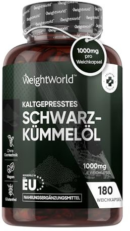 Huile de Nigelle Cumin Noir 1000mg - 180 Gélules Vegan pour 6 Mois, Huile de Graines de Cumin Noir Pressé à Froid, Poudre de Nigella Sativa, Soucre d'Omega 3, 9, Vitamine C, Minéraux, Fabriqué en UE