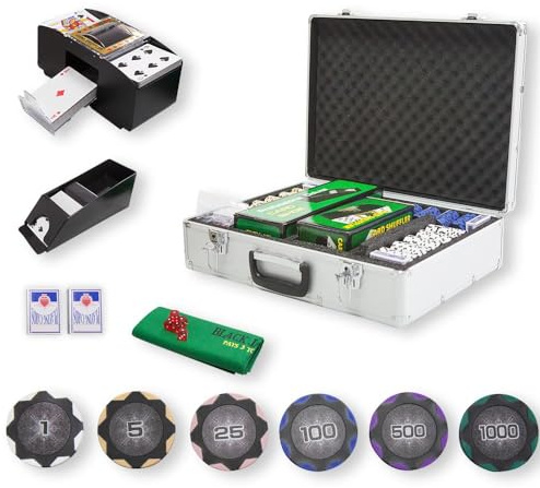 THUNDERBAY 14 Gram 600 PCS Texas Hold 'em Casino Poker Chip Set w/Aluminum Carrying Case, 6 Decks of Cards, 5 Dices & 3 Dealer Buttons, Poker Felt, Card Shuffler, Card Shoe for Blackjack Playing
