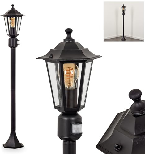 HOFSTEIN Lampada da esterni Loria, lampada da sentiero con sensore di movimento in metallo/vetro in nero/trasparente, lampada da esterno effetto antico, 107 cm, lampada da giardino, illuminazione da