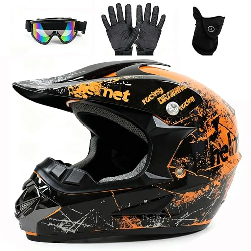UIGJIOG Motocross Helmet,Youth ATV Dirt Bike Motorcycle Helmet, Full-Face Off Road Motorcycle Crash Helmet,BMX 4-Wheeler Off-Road Mountain Bike Helmet,With Gloves Goggles Mask