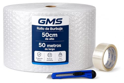 GMS - Rollo Burbuja 50cm x 50m + Cutter + precinto - Rollo Burbuja Mudanza - Rollo Burbuja Embalaje - Burbuja Mudanza, Envio y Embalaje - Papel Burbuja (50cm x 50m+Cutter+Precinto)