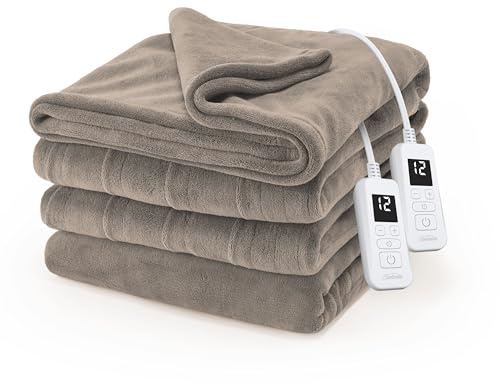 Sunbeam Electric Royal Luxe Microplush Heated Blanket, 12 Heat Settings, 12-Hour Auto Shut-Off, Fast Heating, Warm & Cozy, Machine Washable, Mushroom Color, Queen (90 x 84)