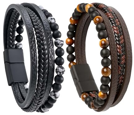 TREABEAR 2PCS Braccialetto Uomo In Pelle, Bracciale Uomo Personalizzato Nero e Marrone, Bracciali Uomo Occhio Di Tigre 21cm Adatto per Regali per La Festa Del Papà Regali Per Papà