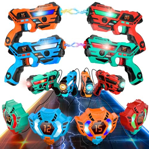 VATOS Recargable Laser Tag Set 4 Packs - En Tiempo Real de Datos Sync Infrarrojos Laser Tag Sets, 4 Jugador Lazer Tag Juego de Disparos para Niños Adolescentes Edad 6-12 años