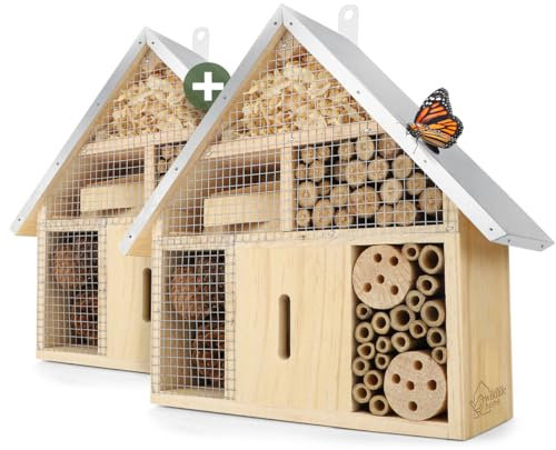 WILDLIFE HOME Insektenhotel 2 Stück I Naturbelassen & Wetterfest, Insektenhaus aus Naturholz für Bienen, Wildbienen, Marienkäfer & Schmetterlinge, Bienenhotel & Nisthilfe zum Aufhängen, 2er Set