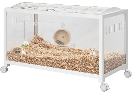 Hamsterkäfig, Metall Rattenkäfig, 360°-Sicht Kleintierkäfig Groß, 97L x 47W x 51H cm Hamstervilla aus Acrylglas, Ausreichende Belüftung transparenter Hamsterlebensraum für Ratten, Meerschweinchen-Weiß
