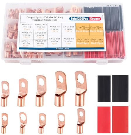 YUZES 200-Piece Copper Wire Lug Kit, 12-2 AWG with Heat Shrink Tubing