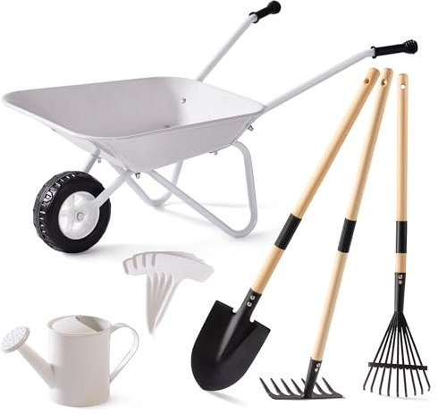 ROBUD Kids Wheelbarrow with Gardening Tools Set, Metal Wheelbarrow with Long Shovel, Hoe, Rake, Watering Can & Plant Labels, Kid Garden Tools Kit, Outdoor Toys for Girls Boys Age 3-14, Light Grey