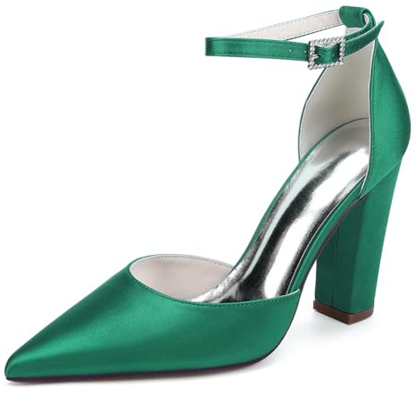 WeFloHsL Satén Zapatos De Novia De Tacón Ancho Alto Mujer Punta Estrecha con Tiras Al Tobillo Zapatos De Boda Fiesta,Verde,38 EU