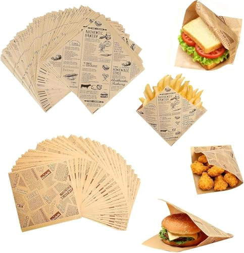 XIANJIA 200 stycken hamburgarpapper, ostpapper, hamburgarpåsar, hot dog påsar, två modeller och storlekar smörgåspapper, bakpapper tidningsoptik, läckagesäkert och oljebeständigt material