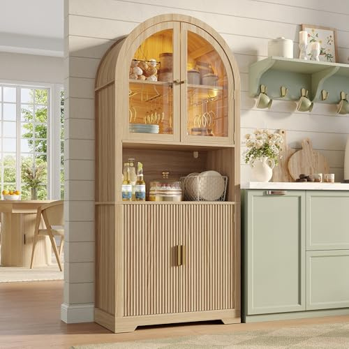 Maupvit 70 Tall Arched Wine Bar Cabinet with LED Light, Fluted Coffee Bar Cabinets with Stemware Rack, Kitchen Pantry Cupboard with Glass Doors, Liquor Cabinet for Home, Dining Room (Nature)