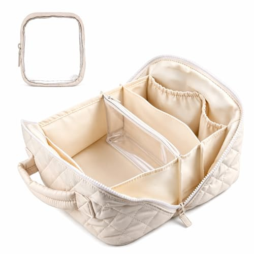 Travel Makeup Bag for Women, 2PCS Large Makeup Bag Organizer, Waterproof Puffer Cosmetic Pouch, Lay Flat Makeup Organizer with Compartments & Brush Holder (Off White)