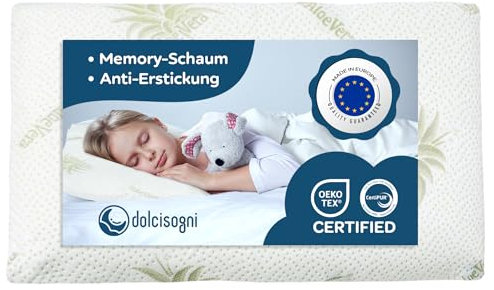 DOLCI SOGNI Kinderkopfkissen aus Memory Foam - Kissen Kinder 50 x 30 cm - Kinderkissen ab 2 Jahre mit Aloe Vera Bezug - Atmungsaktiv, Waschbar & Ergonomisch für Gesunden Schlaf - Made in Italy