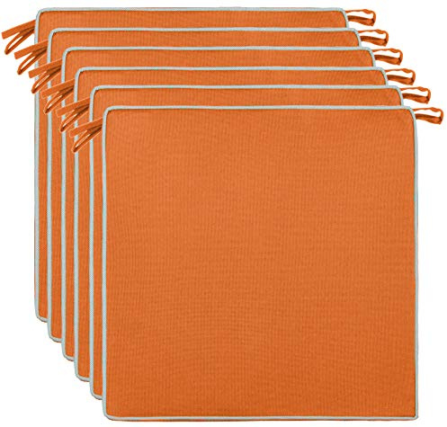 Brandsseller 6er Set Sitzkissen 40x40x4 cm – Wasser- & schmutzabweisende Stuhlkissen mit Bindebändern & Paspel – Für Innen & Außen – Garten, Terrasse, Küche – Orange
