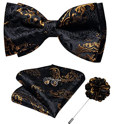 DiBanGu Black Gold Bow Ties for Men Pre Tied Bowtie Set with Pocket Square Lapel Pin cufflinks Wedding Prom